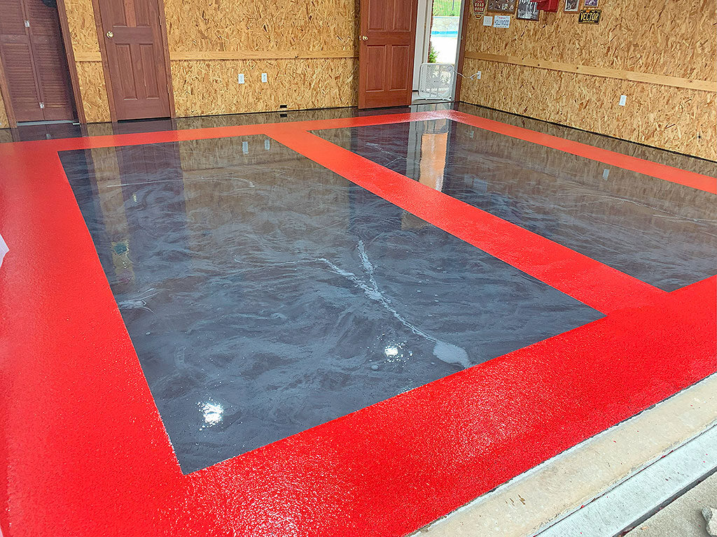 Custom red and metallic epoxy floor