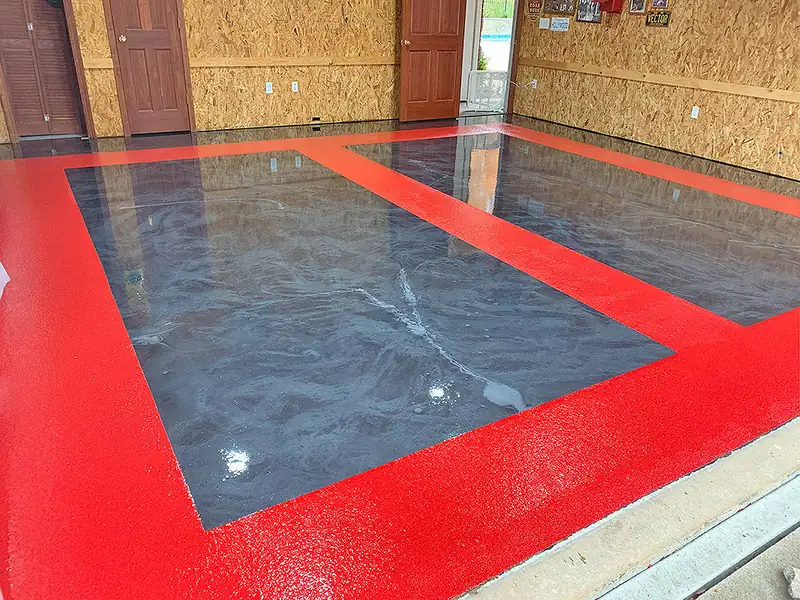 Custom red and metallic epoxy floor