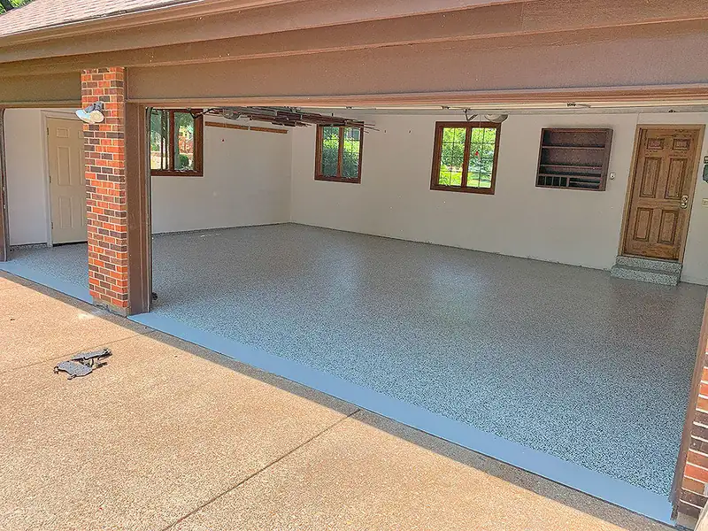 Blue-gray flake garage floor, open double bay